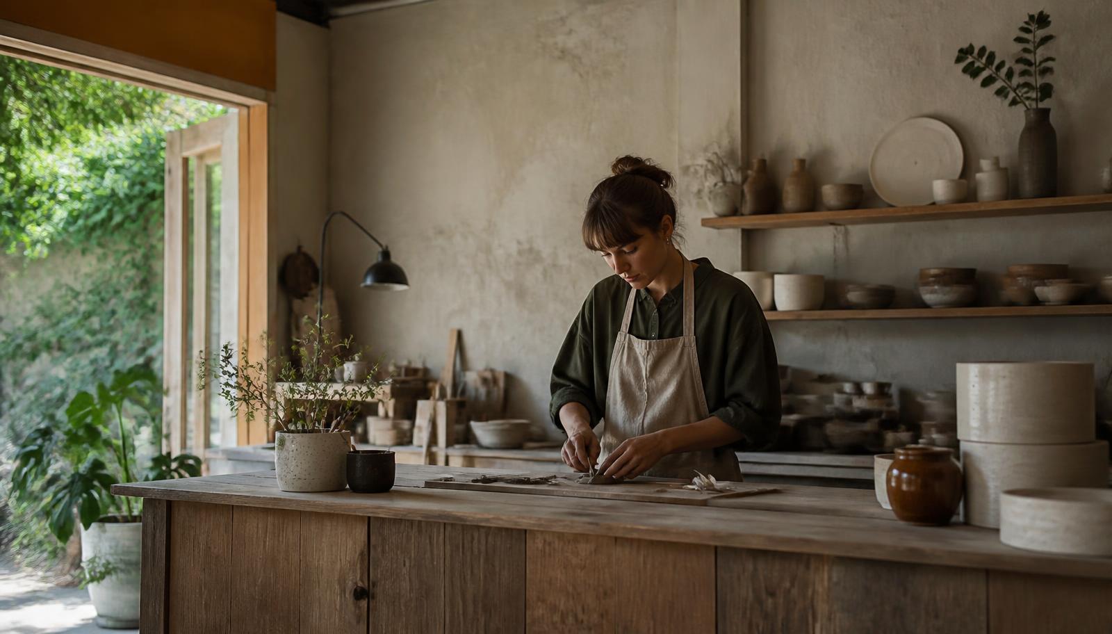 A small business owner working quietly behind the counter